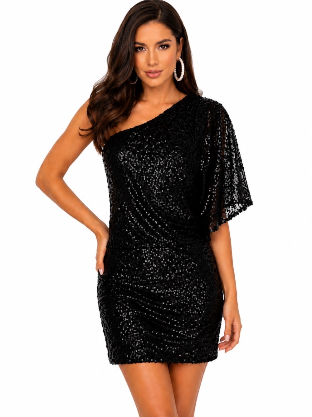 Jessica Simpson Black Sequin Sheer Sleeve LBD One Shoulder Mini Dress Size 4